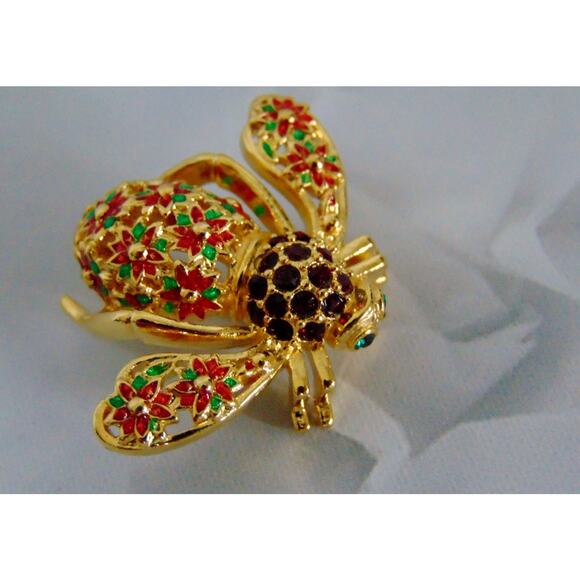 Joan Rivers Christmas Flower POINSETTIA BEE PIN Brooch Crystal Ruby Rhinestones - Picture 3 of 5